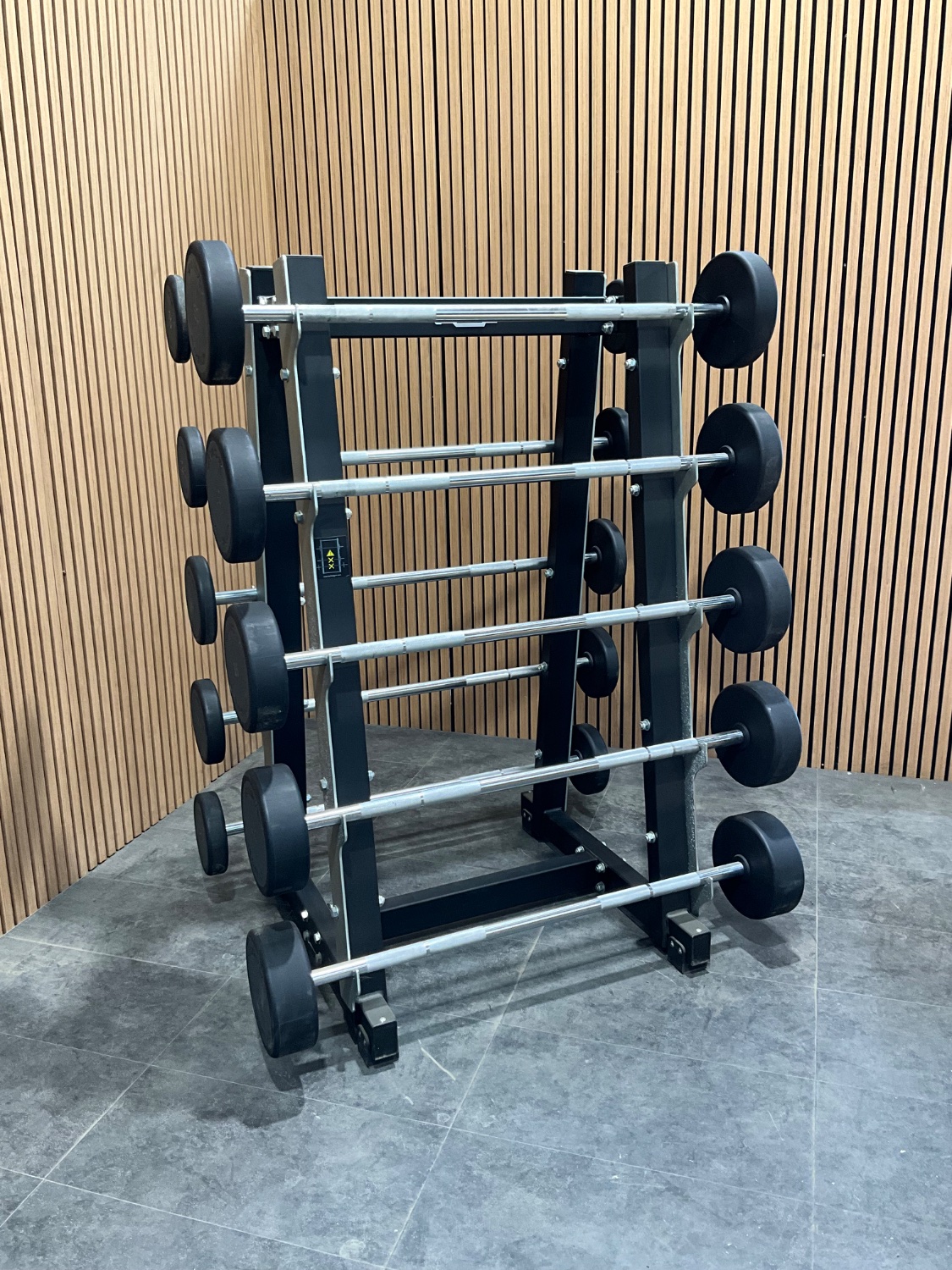 Technogym PURE STRENGTH 10 Place Barbell Rack (A0000520) Black & Technogym Fixed Barbell Set 10 Bars (BBK1)
